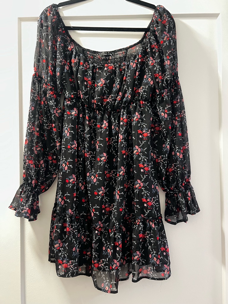 Black Dress With Red And Pink Floral Print